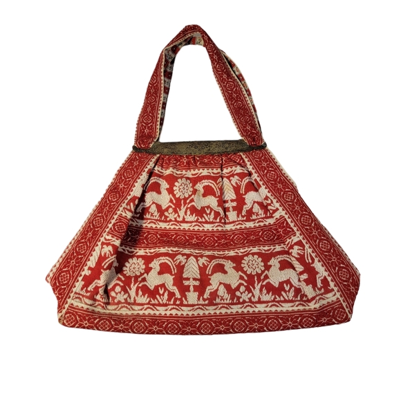 Embroidered Decritive Old Wold Nature Animal Relief Emossed Metal Trim Hand Bag - Picture 2 of 10